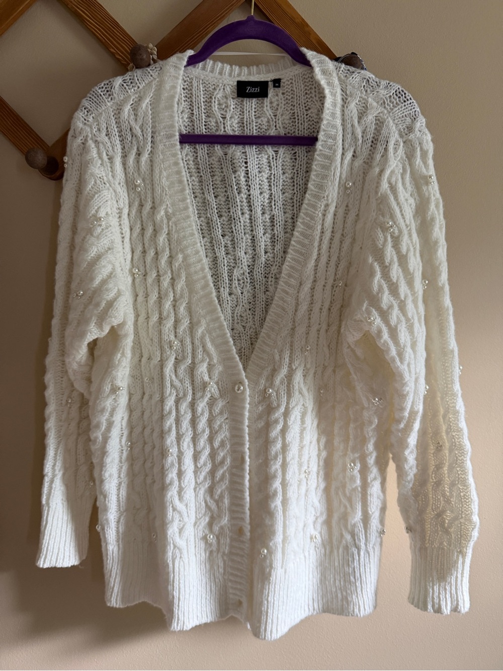 Zizzi Cream Cable-Knit Beaded Button Cardigan
